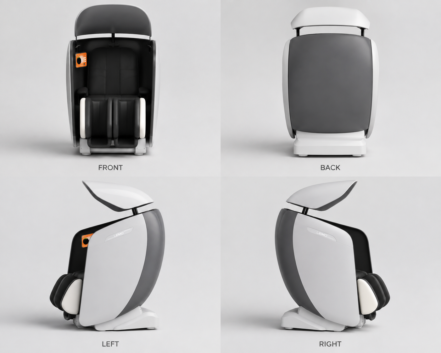 Lemo recovery chair shown from front, back, left, and right angles.