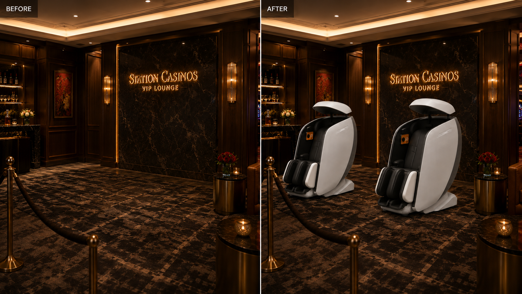 Before/after split: existing Station Casinos VIP lounge left, same frame with two Lemo recovery chairs installed right.