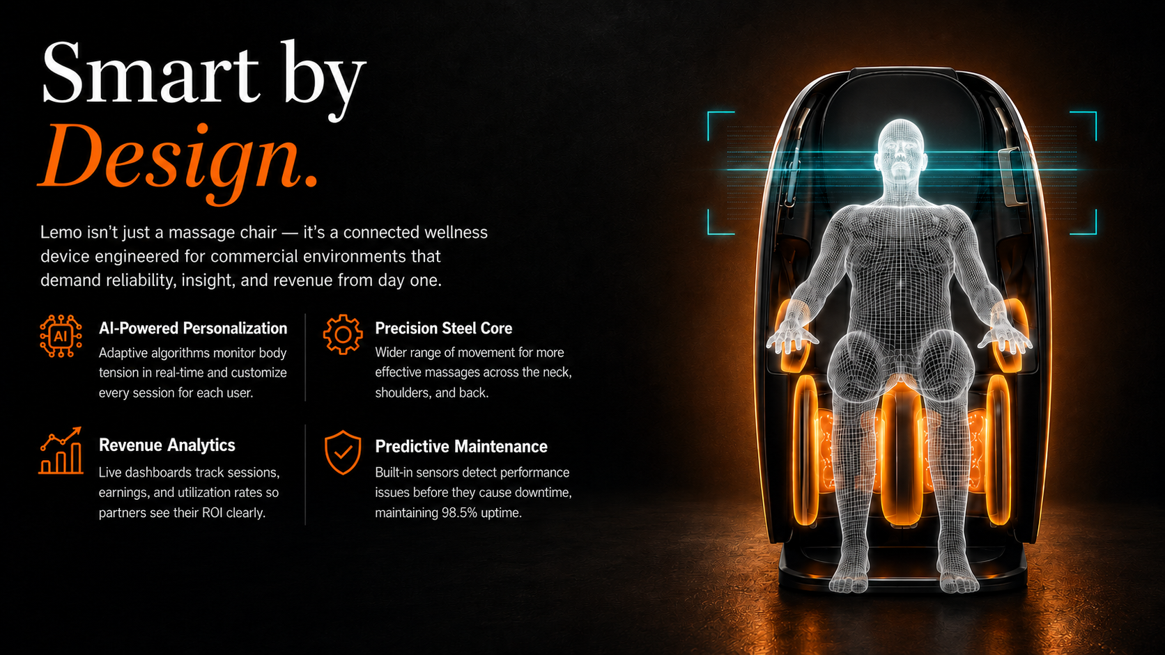 Lemo recovery chair technical detail: body-scan sensors, massage zones, and commercial build highlights.